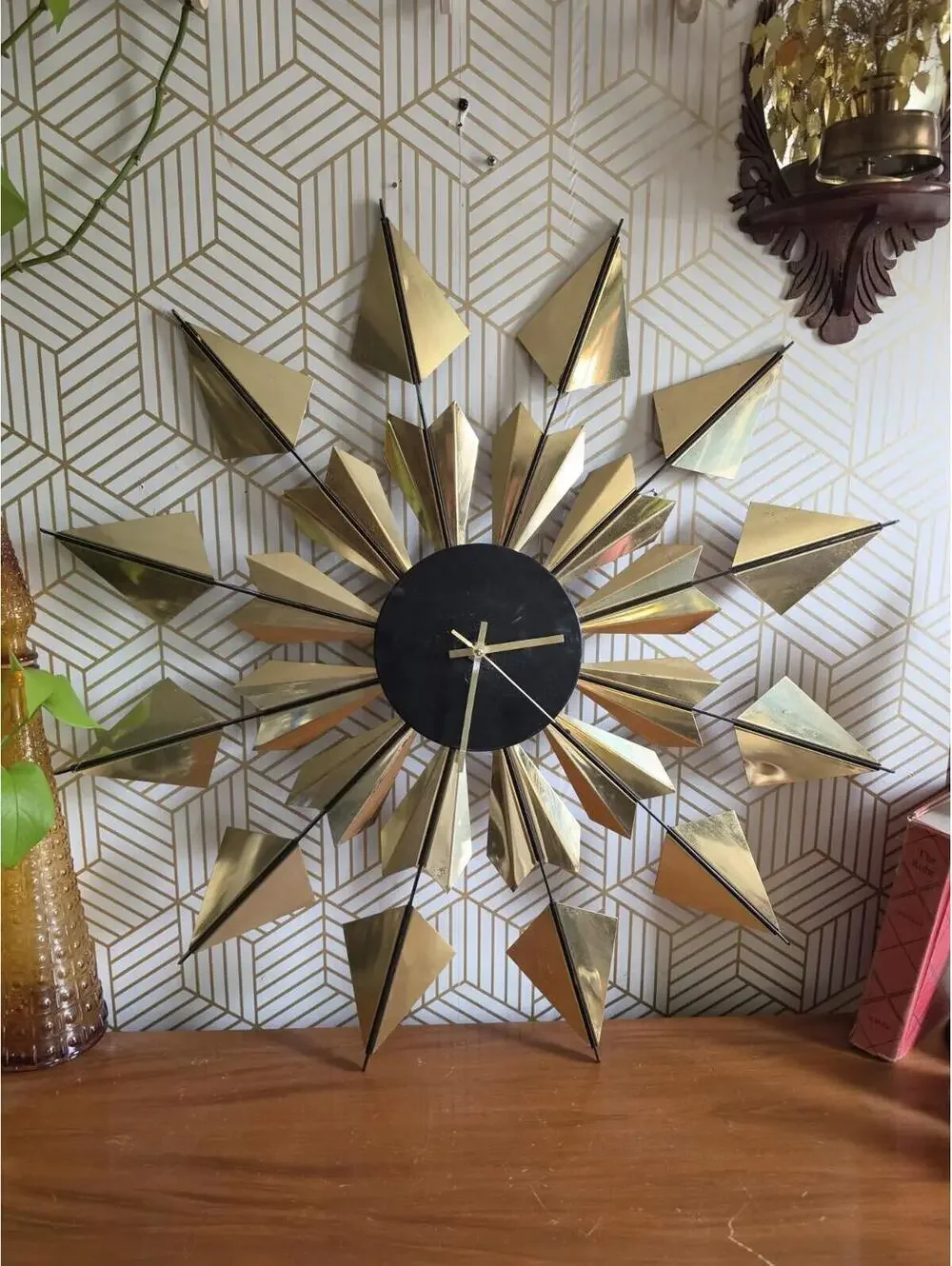 Vintage Mid-Century Modern Welby Gold Finned Starburst Clock 1960's